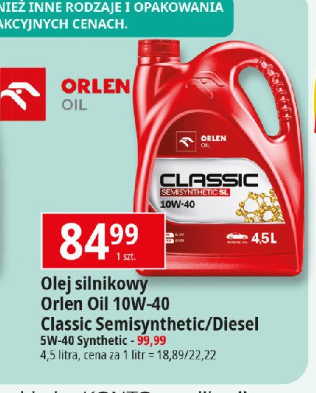 Olej silnikowy classic semisynthetic 10w-40 diesel Orlen oil promocja w Leclerc