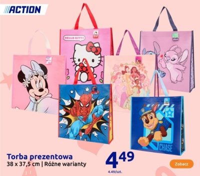 Torba prezentowa 38 x 37,5 cm różne warianty (Minnie, Hello Kitty, Disney Princess, Psi Patrol, Spider-Man) promocja w Action