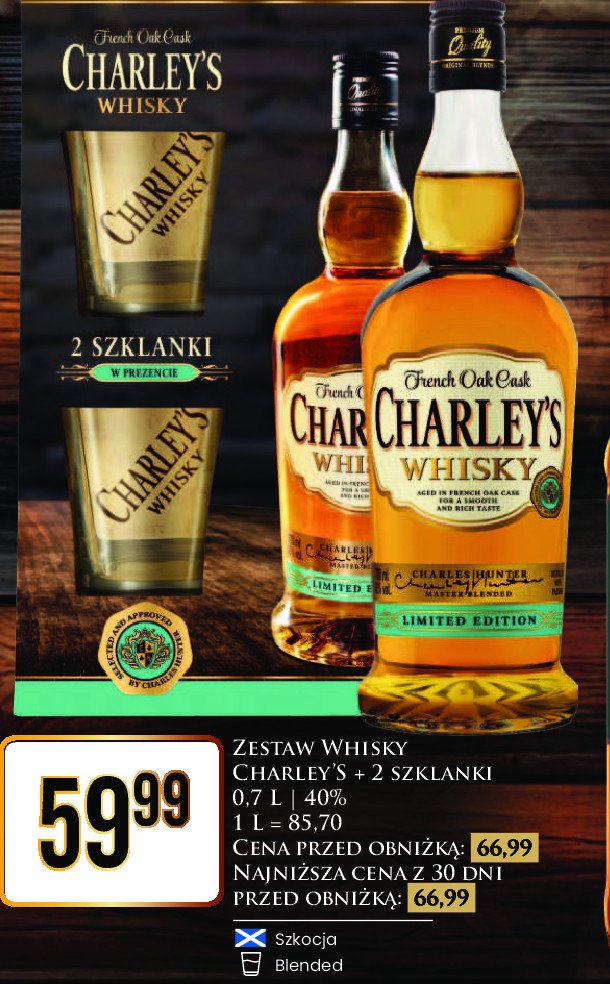 Whisky + 2 szklanki CHARLEY'S ORIGINAL promocja
