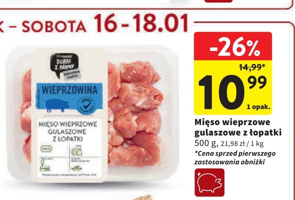 Mięso wieprzowe gulaszowe z łopatki Intermarche dobre z farmy promocja w Intermarche