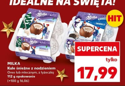 Kule śnieżne z nadzieniem Milka Oreo lub mlecznym, z łyżeczką 112 g promocja w Kaufland