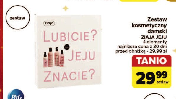 Zestaw w pudełku jeju różowy: mydło pod prysznic 300 ml + szampon do włosów 300 ml + mgiełka do twarzy i ciała 200 ml + odżywka do włosów 125 ml Ziaja zestaw promocja w Carrefour Market