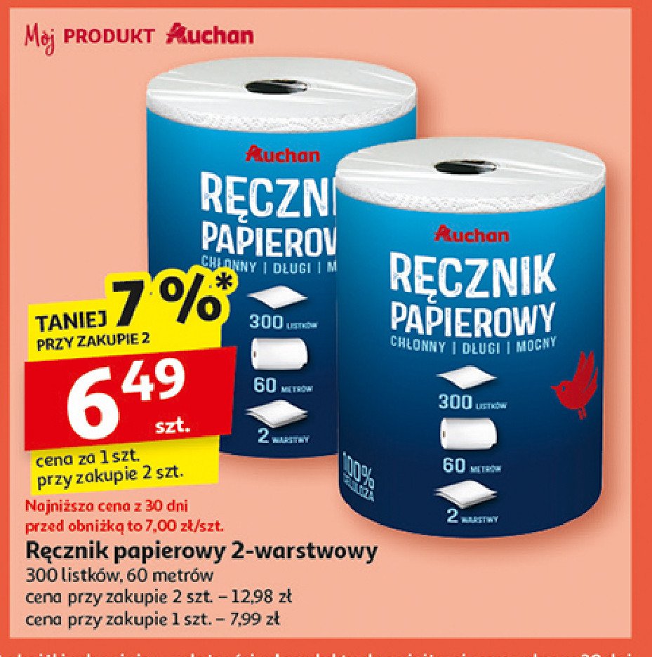 Ręcznik papierowy 300 listków Auchan różnorodne (logo czerwone) promocja w Auchan