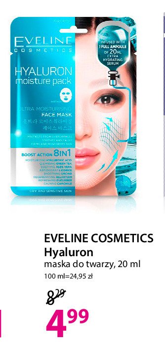 Maska w płachcie hyaluron moisture pack 8in1 boost action Eveline cosmetics promocja