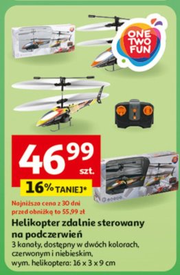Helikopter zdalnie sterowany na podczerwień 3 kanały, czerwony i niebieski, wym. helikoptera: 16 x 3 x 9 cm One Two Fun promocja w Auchan