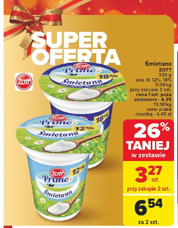 Śmietana 18% Zott primo promocja w Carrefour Market