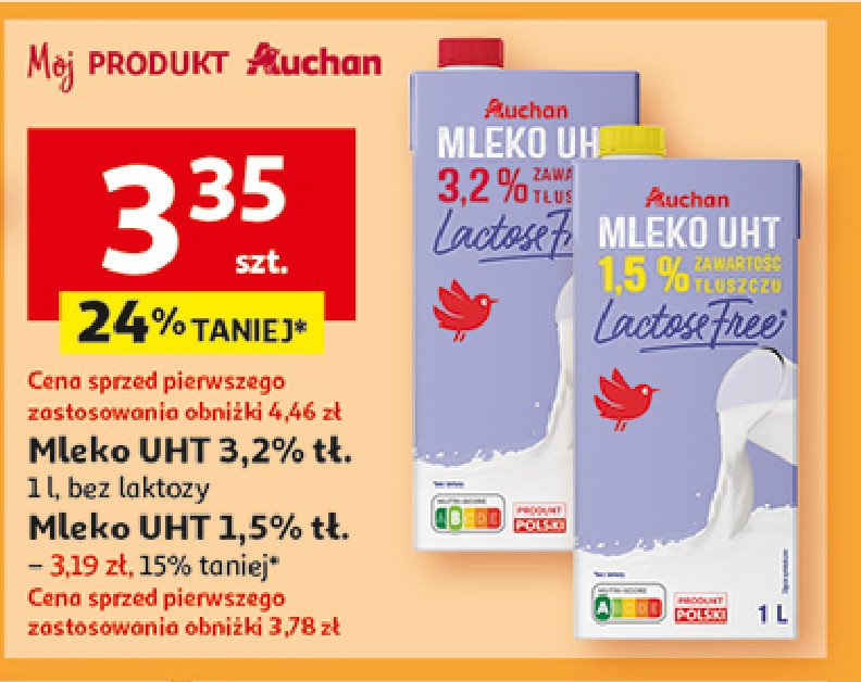 Mleko 3.2% bez laktozy Auchan różnorodne (logo czerwone) promocja