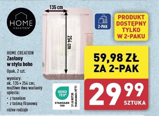 Zasłony w stylu boho z tunelem 135 x 254 cm Home creation promocja