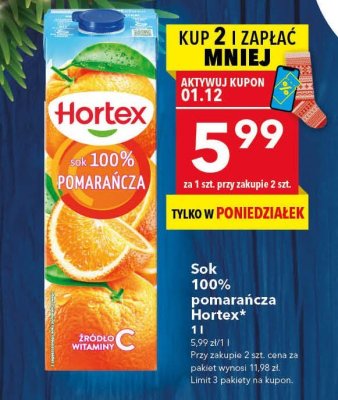 Sok 100% pomarańcza Hortex 1l promocja w LEWIATAN