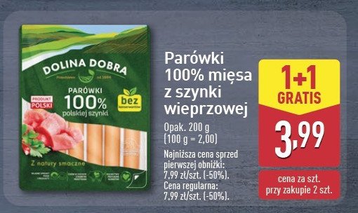 Parówki 100 % z szynki Dolina dobra promocja w Aldi