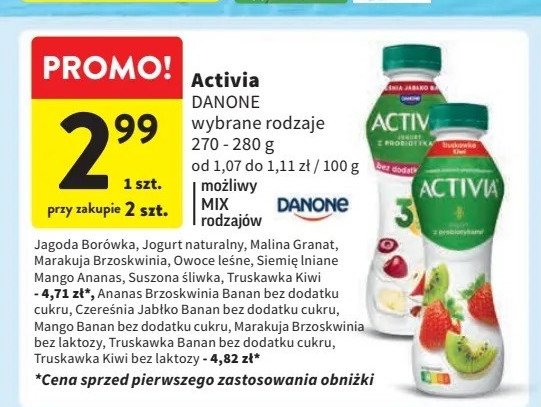Jogurt bez cukru mango-banan Danone activia promocja w Intermarche