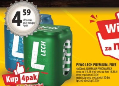 Piwo LECH PREMIUM, FREE 4x500ml promocja w Arhelan