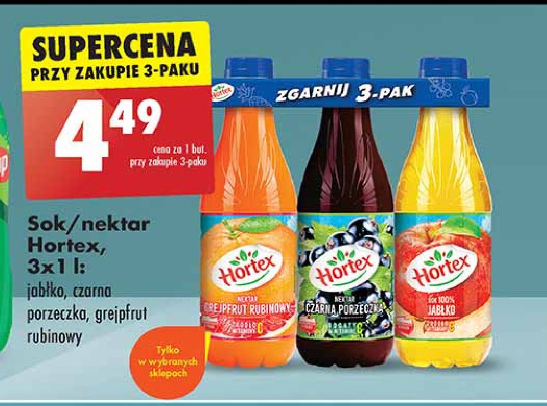 Zestaw: nektar grejfrut rubinowy + nektar czarna porzeczka + sok jabłkowy Hortex promocja