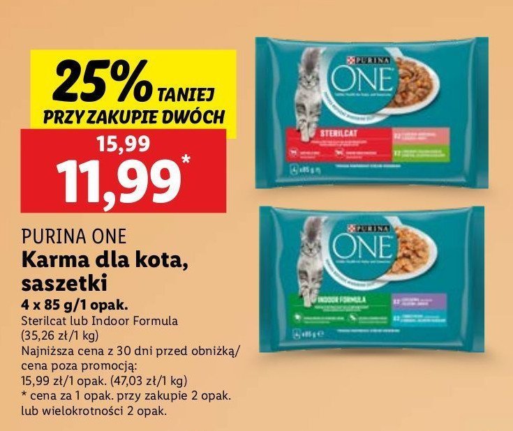 Karma dla kota sterilcat łosoś z marchewką + indyk z fasolą Purina one promocja