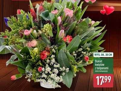 Bukiet kwiatów z tulipanami różne kompozycje promocja w Aldi