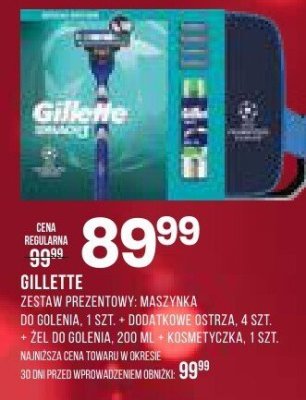 Zestaw prezentowy Gillette maszynka do golenia, 1 szt + dodatkowe ostrza, 4 szt + żel do golenia, 200 ml + kosmetyczka, 1 szt promocja w Drogerie Natura