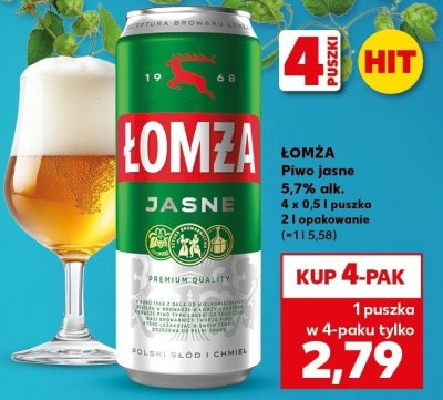 Piwo Łomża Jasne 5,7% alk. 4 x 0,5 l puszka promocja w Kaufland