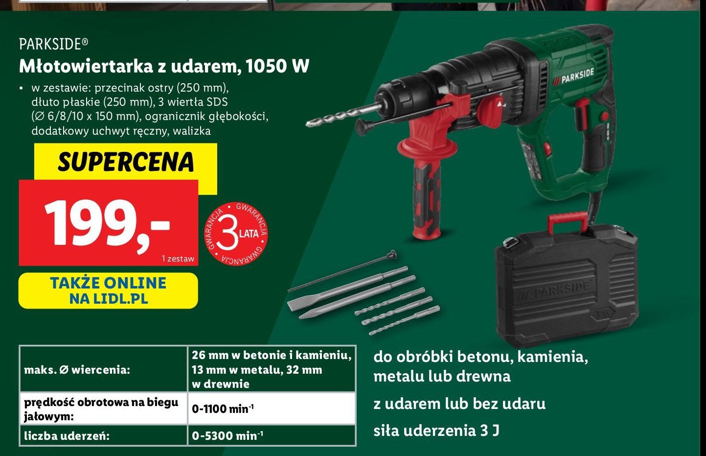 Młotowiertarka z udarem 1050w Parkside promocja w Lidl