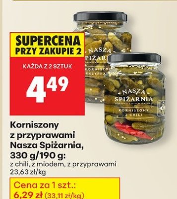 Korniszony z przyprawami Nasza Spiżarnia 330g/190g z chili, z miodkiem, z przyprawami promocja w Biedronka