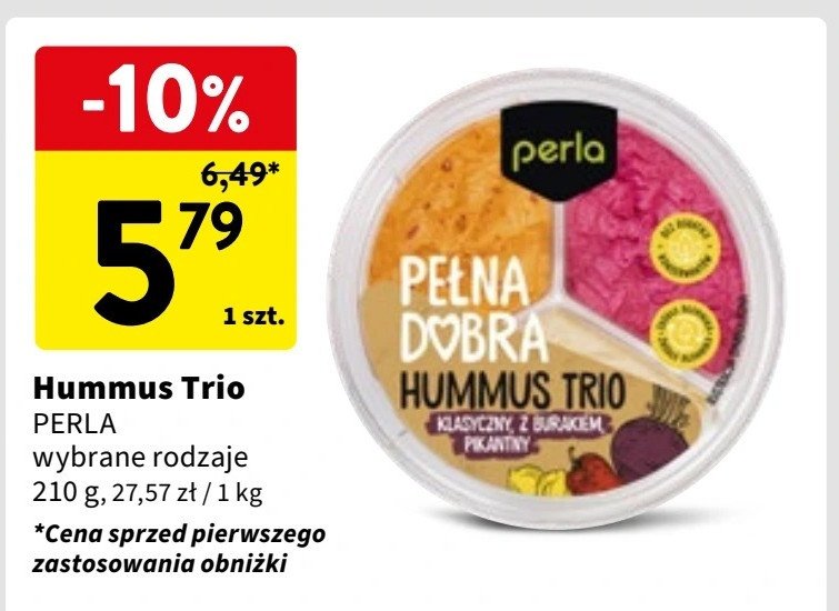 Hummus trio klasyczny burak pikantny Perla promocja w Intermarche