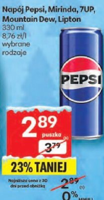 Napój Pepsi, Mirinda, 7UP, Mountain Dew, Lipton 330ml wybrane rodzaje promocja w Delikatesy Centrum