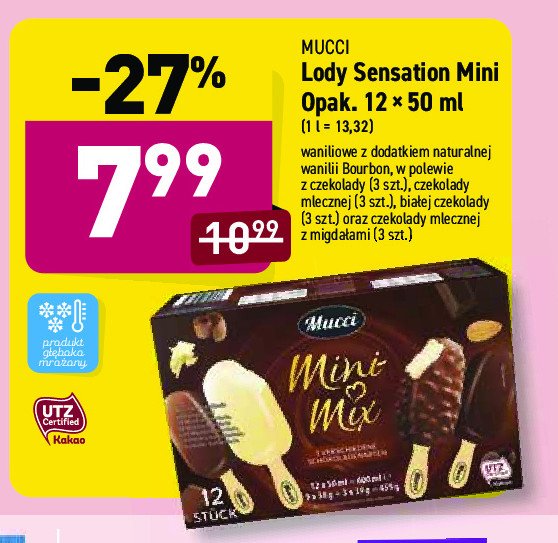 Mini mix premium lody waniliowe w polewie czekolady: gorzkiej, białej, mlecznej i mlecznej z migdałami Mucci promocja