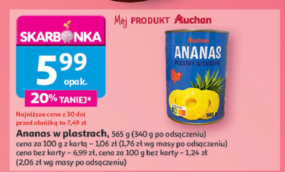 Ananas plastry w lekkim syropie Auchan różnorodne (logo czerwone) promocja w Auchan
