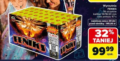 Wyrzutnia fajerwerków FENIKs 76 strzałów kaliber 14/18/20 mm promocja w Carrefour