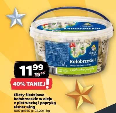 Filety śledziowe kołobrzeskie w oleju z pietruszką i papryką Fisher King promocja w Netto