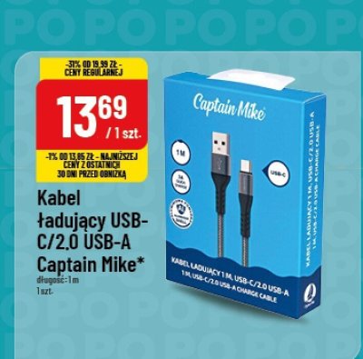 Kabel ładujący USB-C/2.0 USB-A Captain Mike promocja w POLOmarket
