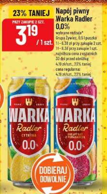 Napój piwny Warka Radler 0,0% 0,5 l promocja w POLOmarket