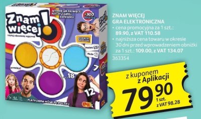 Gra Znam Więcej gra elektroniczna z 500 pytaniami na 12 tematów najniższa cena towaru w okresie 30 dni przed wprowadzeniem obniżki za 1 szt.: 109,00 z VAT 134,07 promocja w Selgros