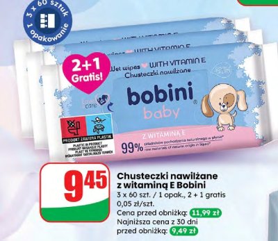 Chusteczki nawilżane z witaminą E Bobini, 3 x 60 szt. / 1 opak. promocja w Dino