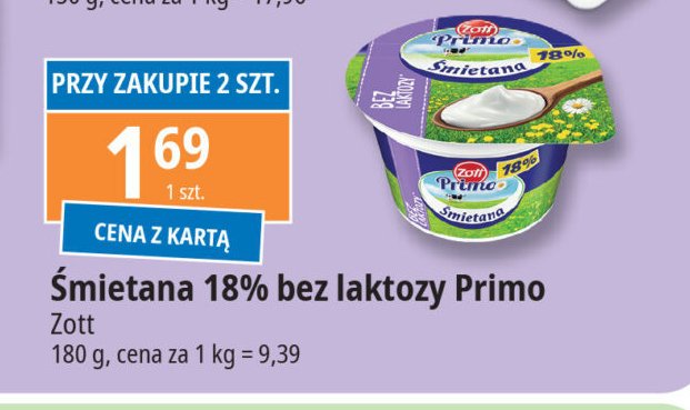 Śmietana 18 % bez laktozy Zott primo promocja