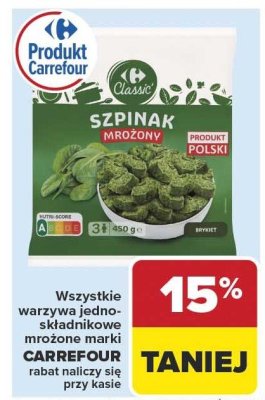 Szpinak mrożony Carrefour Classic 450g promocja w Carrefour Market
