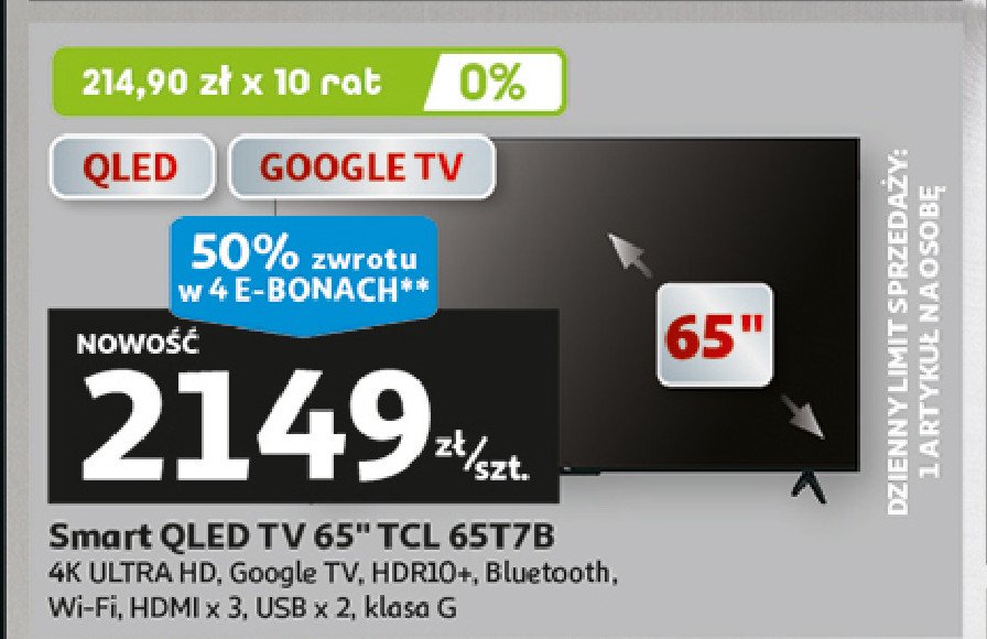 Telewizor qled 65t7b Tcl promocja