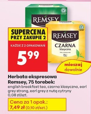 Herbata ekspresowa Remsey 75 torebek: english breakfast tea, czarna klasyczna, earl grey strong, earl grey z nutą cytryny promocja w Biedronka