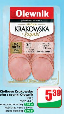 Kiełbasa krakowska sucha z szynki Olewnik promocja w Dino