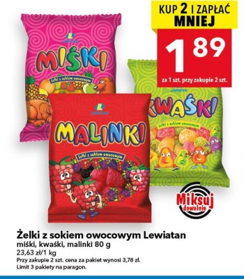 Żelki z sokiem owocowym Lewiatan miśki, kwaśki, malinki 80 g promocja w LEWIATAN