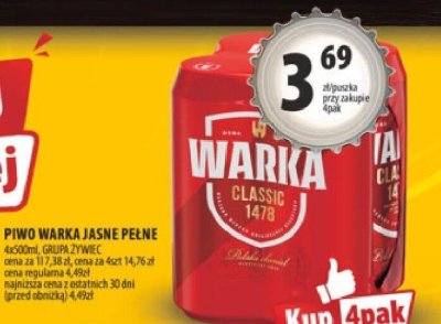 Piwo WARKA JASNE PEŁNE 4x500ml promocja w Arhelan