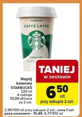 Napój kawowy STARBUCKS CAFFÈ LATTE 220 ml, 4 rodzaje promocja w Carrefour Express