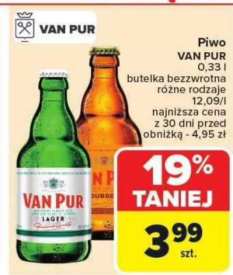 Piwo Van Pur 0.33 l butelka bezwrotna różne rodzaje 12.09/l promocja w Carrefour