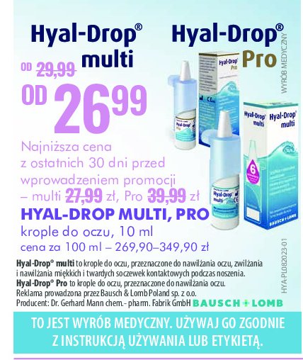 Krople do nawilżania oczu oraz soczewek kontaktowych Hyal-drop pro promocja