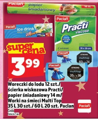 Woreczki do lodu 12 szt. / ścierka wiskozowa Practi / papier śniadaniowy 14 m / Worki na śmieci Multi Top 35 L 30 szt. / 60 L 20 szt. Paclan promocja w TOPAZ