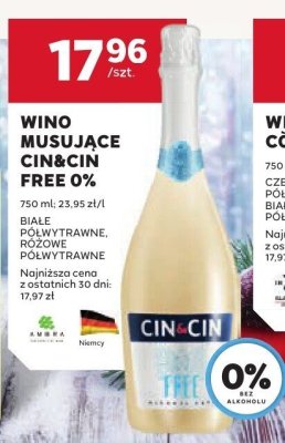Wino musujące Cin&Cin Free 0% białe półwytrawne, różowe półwytrawne promocja w Stokrotka