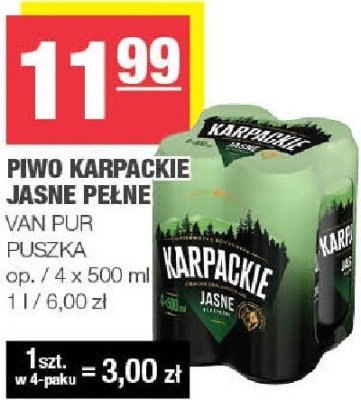 Piwo Karpackie Jasne Pełne Van Pur promocja w SPAR
