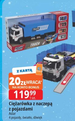 Ciężarówka z naczepą z pojazdami Adar 4 pojazdy, światło, dźwięk promocja w Leclerc