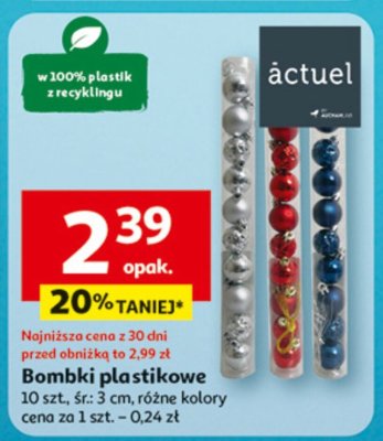 Bombki plastikowe wątkowe 10 szt. śr. 3 cm, różne kolory, cena za 1 szt. 0.24 zł promocja w Auchan