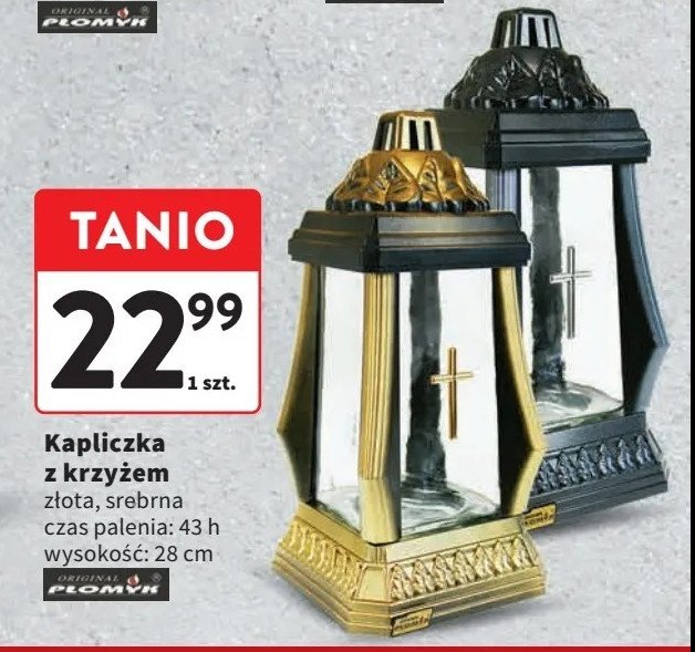 Znicz kapliczka z krzyżem 28 cm złoty PŁOMYK promocja w Intermarche