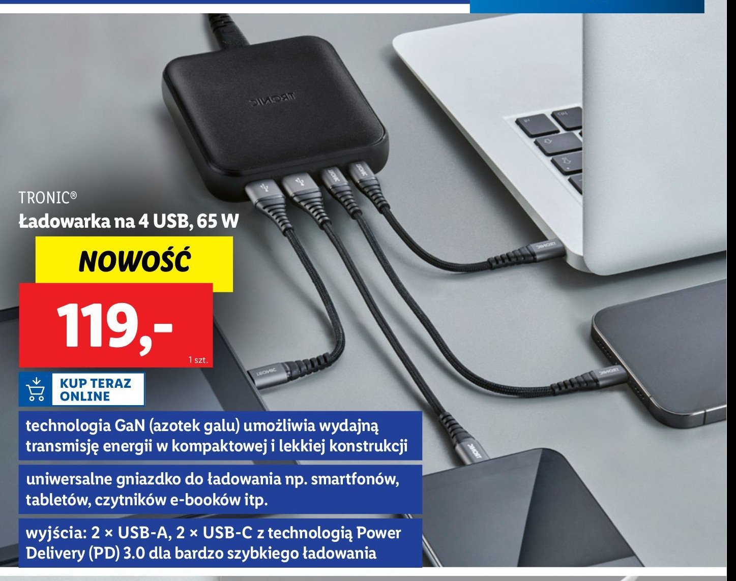 Ładowarka na 4 usb 65 w Tronic promocja w Lidl